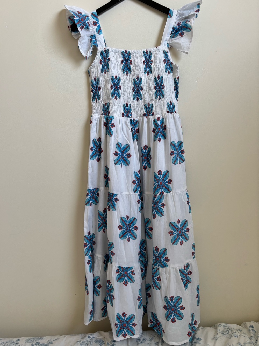 Victoria Dunn White Maxi Dress with Blue Floral Motif
